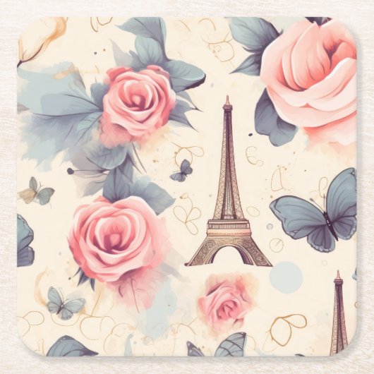 Eiffelturm Schmetterling und Rose Muster Rechteckiger Pappuntersetzer (Vorderseite)