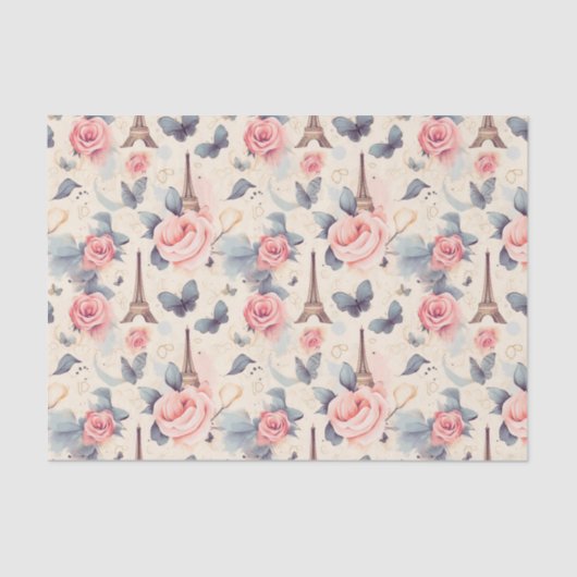 Eiffelturm Schmetterling und Rose Muster Seidenpapier (Vorderseite)