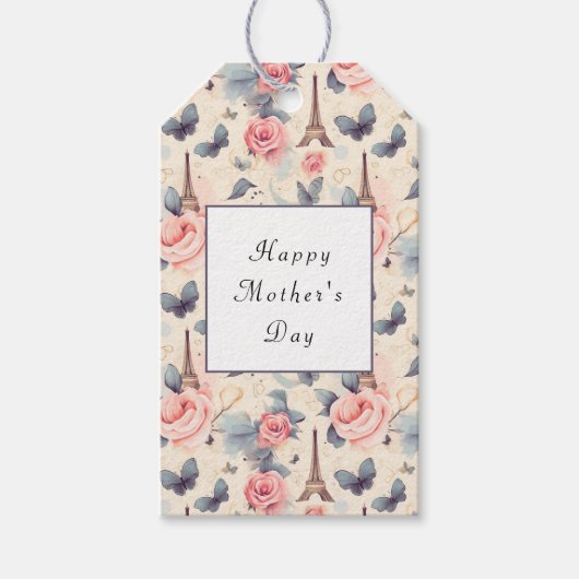 Eiffelturm Schmetterling und Rose Muttertag Geschenkanhänger (Vorderseite)