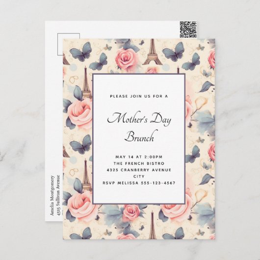 Eiffelturm Schmetterling und Rose Muttertag Postkarte (Vorne/Hinten)