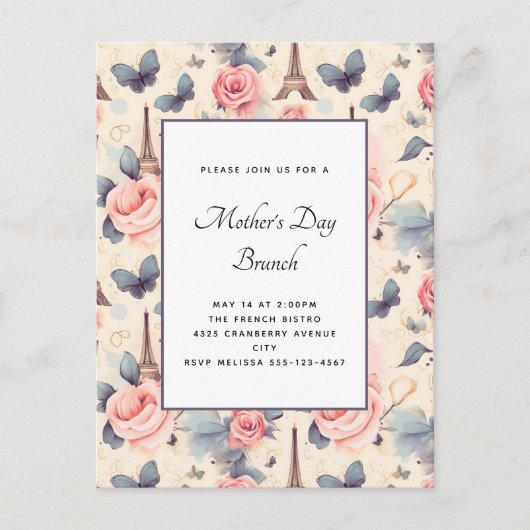 Eiffelturm Schmetterling und Rose Muttertag Postkarte (Vorderseite)