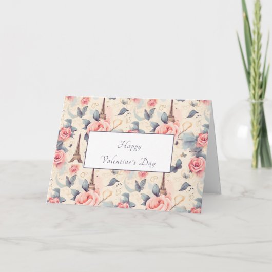 Eiffelturm Schmetterling und Rose Valentinstag Feiertagskarte (Vorderseite)