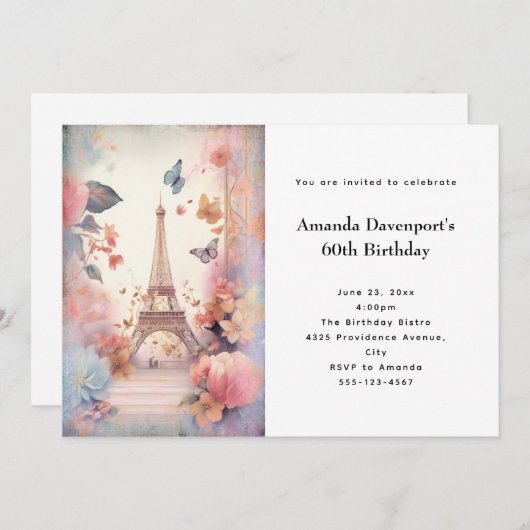Eiffelturm Schmetterlinge und Blume Geburtstag Einladung (Vorne/Hinten)