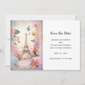 Eiffelturm-Schmetterlinge und Blume Hochzeit Save The Date (Vorderseite)