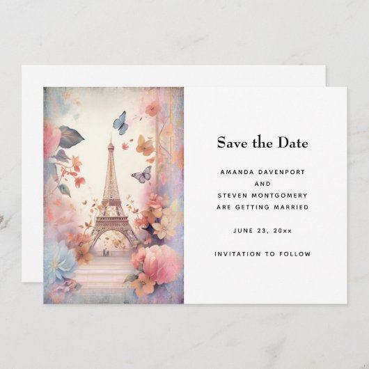 Eiffelturm-Schmetterlinge und Blume Hochzeit Save The Date (Vorne/Hinten)