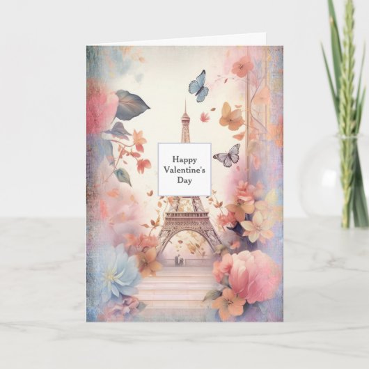 Eiffelturm Schmetterlinge und Blume Valentins Feiertagskarte (Vorderseite)