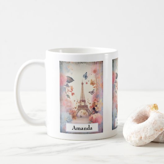 Eiffelturm-Schmetterlinge und Blumen Kaffeetasse (Mit Donut)