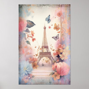 Eiffelturm Schmetterlinge und Blumen Poster