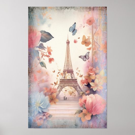 Eiffelturm Schmetterlinge und Blumen Poster (Vorne)