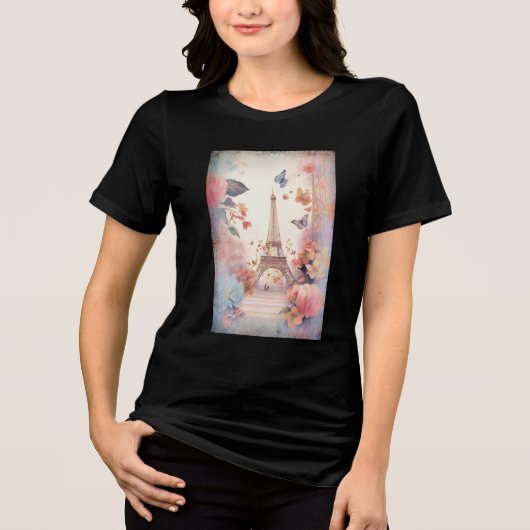 Eiffelturm Schmetterlinge und Blumen Tri-Blend Shirt (Vorderseite)