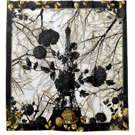 Eiffelturm-schwarzes Goldblumenvogel-Bäume Duschvorhang (Vorderseite)