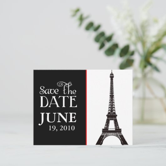 Eiffelturm Schwarzweiß Save the Date Ankündigungspostkarte (Stehend Vorderseite)