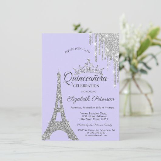 Eiffelturm, Silberne Tropfen Lavander Quinceañera Einladung (Stehend Vorderseite)