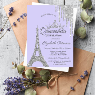 Eiffelturm, Silberne Tropfen Lavendel Quinceañera  Einladung