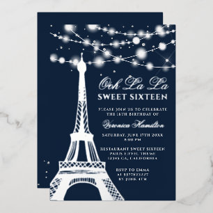 Eiffelturm silberner Glitter-Lichter blau Sweet 16 Folieneinladung