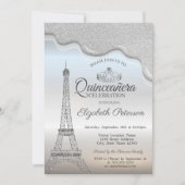 Eiffelturm, Silver Tropfens Quinceañera Einladung (Vorderseite)