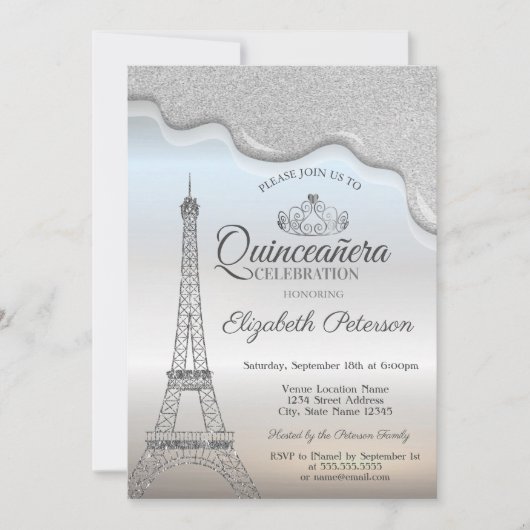 Eiffelturm, Silver Tropfens Quinceañera Einladung (Vorderseite)