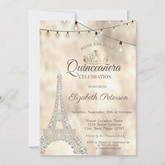 Eiffelturm, Tiara Gold Quinceañera Einladung (Vorderseite)