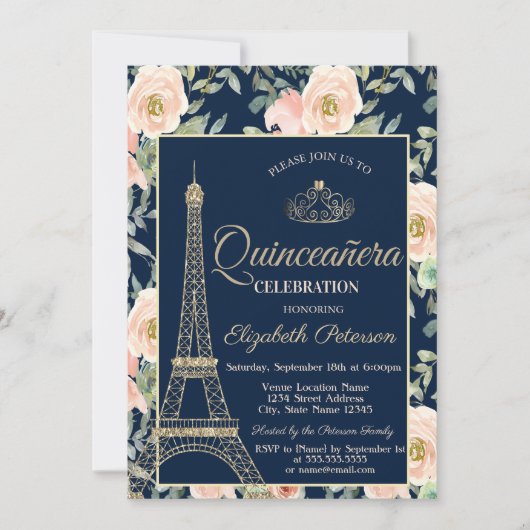 Eiffelturm, Tiara, Rose Navy Blue Quinceañera Einladung (Vorderseite)