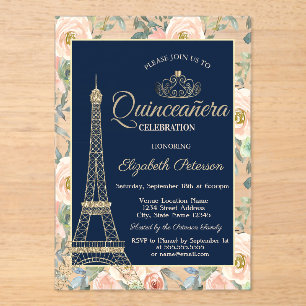 Eiffelturm,Tiara,Rosen Navy Blau Quinceañera Acryleinladungen