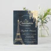 Eiffelturm, Tiara, Tropfen Dunkler Blaue Quinceañe Einladung (Stehend Vorderseite)