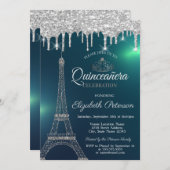 Eiffelturm, Tiara, Tropfen Green Quinceañera Einladung (Vorne/Hinten)