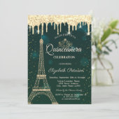 Eiffelturm, Tiara, Tropfen Green Quinceañera Einladung (Stehend Vorderseite)