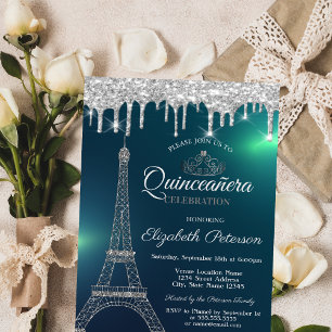 Eiffelturm, Tiara, Tropfen Green Quinceañera Einladung