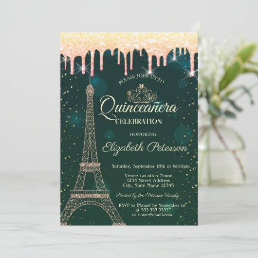 Eiffelturm, Tiara, Tropfen Green Quinceañera Einladung (Stehend Vorderseite)