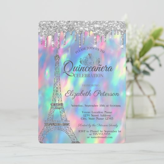 Eiffelturm, Tiara, Tropfen Holographic Quinceañera Einladung (Stehend Vorderseite)
