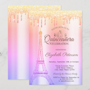 Eiffelturm,Tiara,Tropfende Ombre Quinceañera Einladung