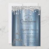 Eiffelturm, Tiara, Tropfens Blue Metallic Quinceñe Einladung (Vorderseite)