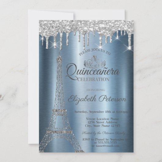 Eiffelturm, Tiara, Tropfens Blue Metallic Quinceñe Einladung (Vorderseite)