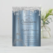 Eiffelturm, Tiara, Tropfens Blue Metallic Quinceñe Einladung (Stehend Vorderseite)