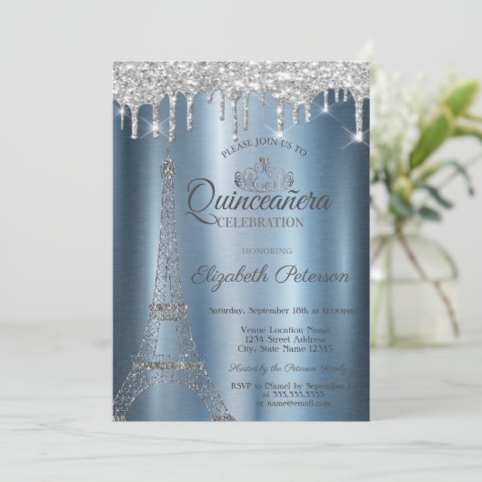 Eiffelturm, Tiara, Tropfens Blue Metallic Quinceñe Einladung (Stehend Vorderseite)