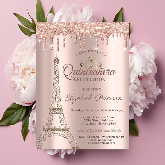 Eiffelturm, Tiara, Tropfens Rose Gold Quinceañera Einladung