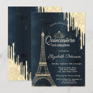 Eiffelturm,Tiara,Tropft Dunkelblauer Quinceañera Einladung