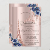 Eiffelturm, Tropfen Blaue Blumen Quinceañera Einladung (Vorne/Hinten)