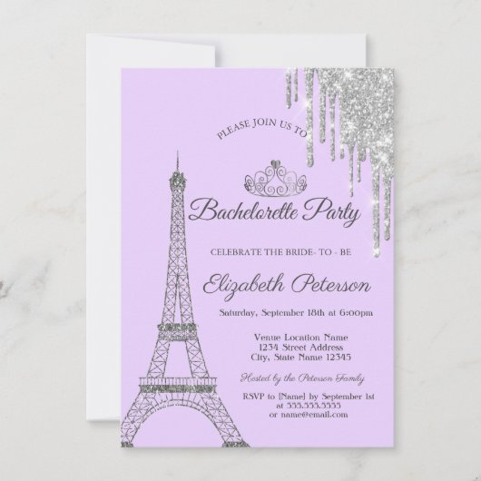Eiffelturm, Tropfen, Lila Junggeselinnen-Abschied Einladung (Vorderseite)