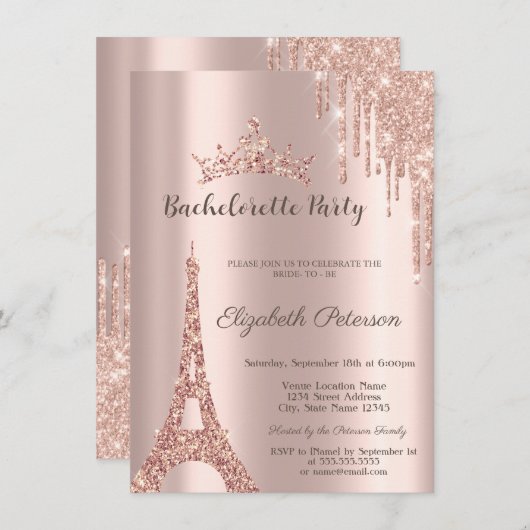 Eiffelturm, Tropfen Rose Gold Junggeselinnen-Absch Einladung (Vorne/Hinten)