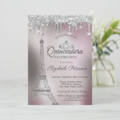 Eiffelturm, Tropfen Rose Gold Metallic Quinceñera Einladung (Stehend Vorderseite)