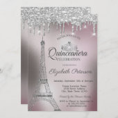 Eiffelturm, Tropfen Rose Gold Metallic Quinceñera Einladung (Vorne/Hinten)