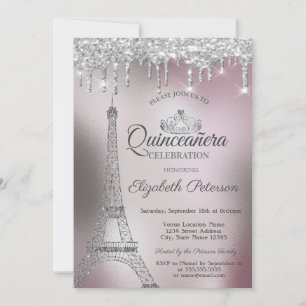 Eiffelturm, Tropfen Rose Gold Metallic Quinceñera Einladung