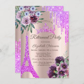 Eiffelturm, Tropfen, Violett-Blume - Ruhestand Einladung (Vorne/Hinten)