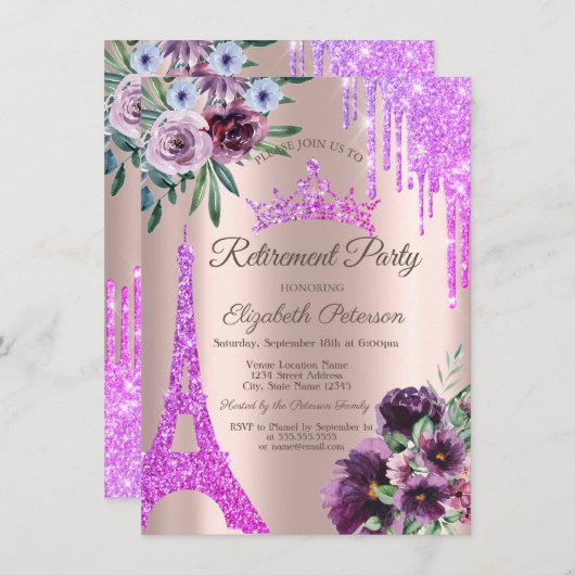 Eiffelturm, Tropfen, Violett-Blume - Ruhestand Einladung (Vorne/Hinten)