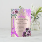 Eiffelturm, Tropfen, Violett-Blume - Ruhestand Einladung (Stehend Vorderseite)