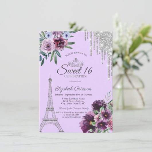Eiffelturm, Tropfen, violette Blumen Süß 16 Einladung (Stehend Vorderseite)