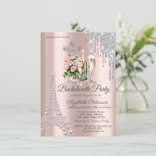 Eiffelturm, Tropfen Weintrauben Junggeselinnen-Abs Einladung (Stehend Vorderseite)