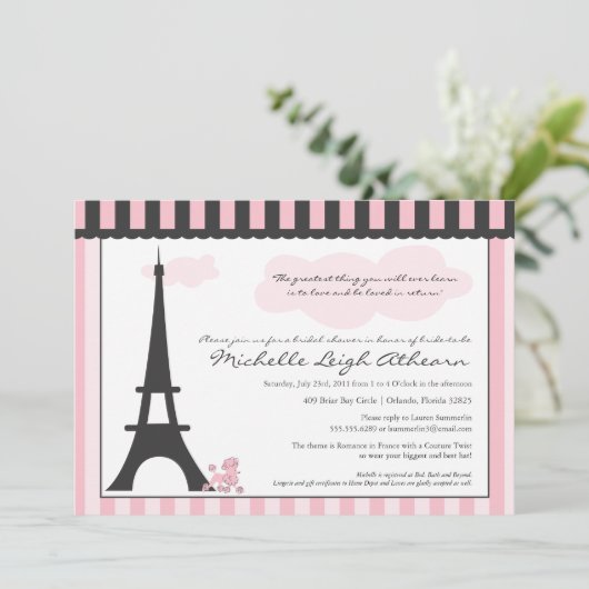 Eiffelturm und rosa Poodle Brautparty Einladung (Stehend Vorderseite)