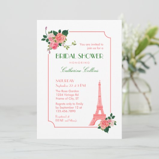 Eiffelturm und Rose Bridal Dusche Einladung (Stehend Vorderseite)